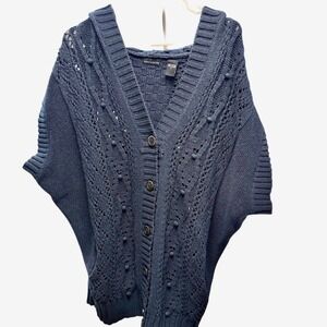 Moda International Navy Blue Hooded Cardigan Short Sleeve Cotton Knit Sweater L